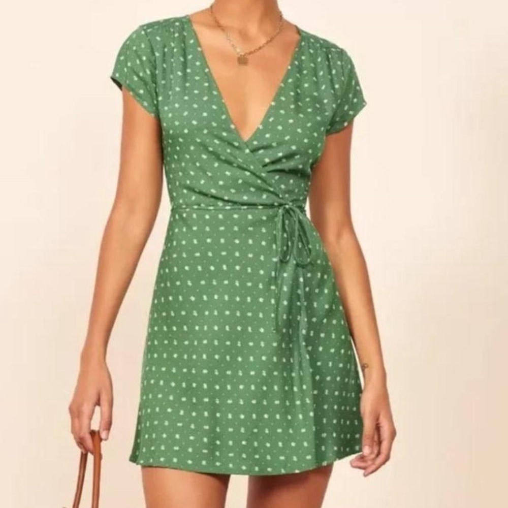 Reformation Green Printed Wrap Mini Dress